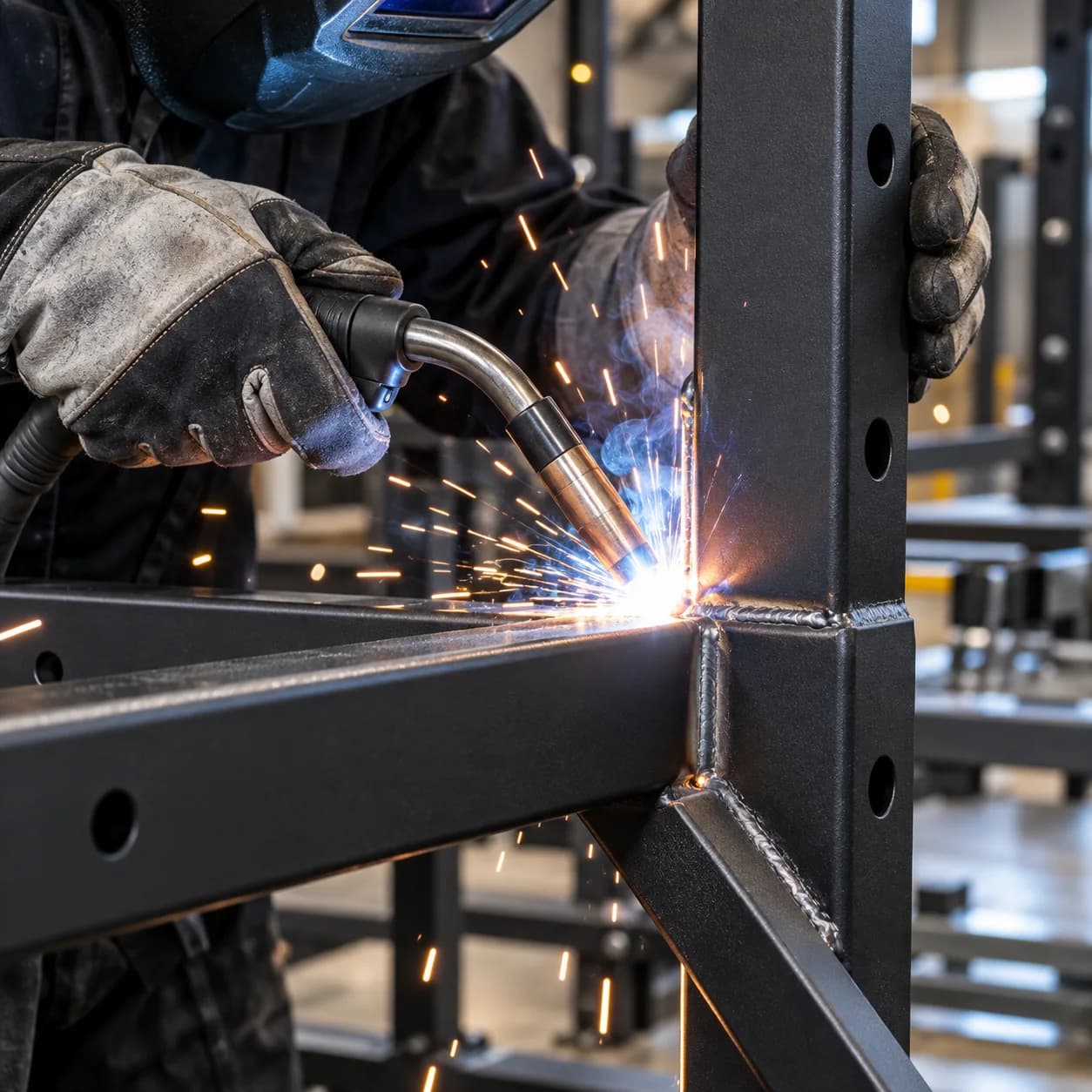 Gloved fabricator welding a steel athletic equipment frame