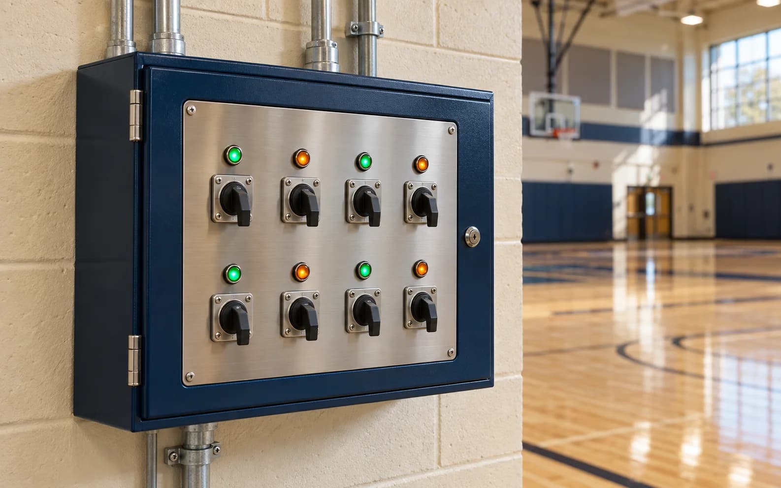 Navy gym equipment control panel mounted beside a maple court
