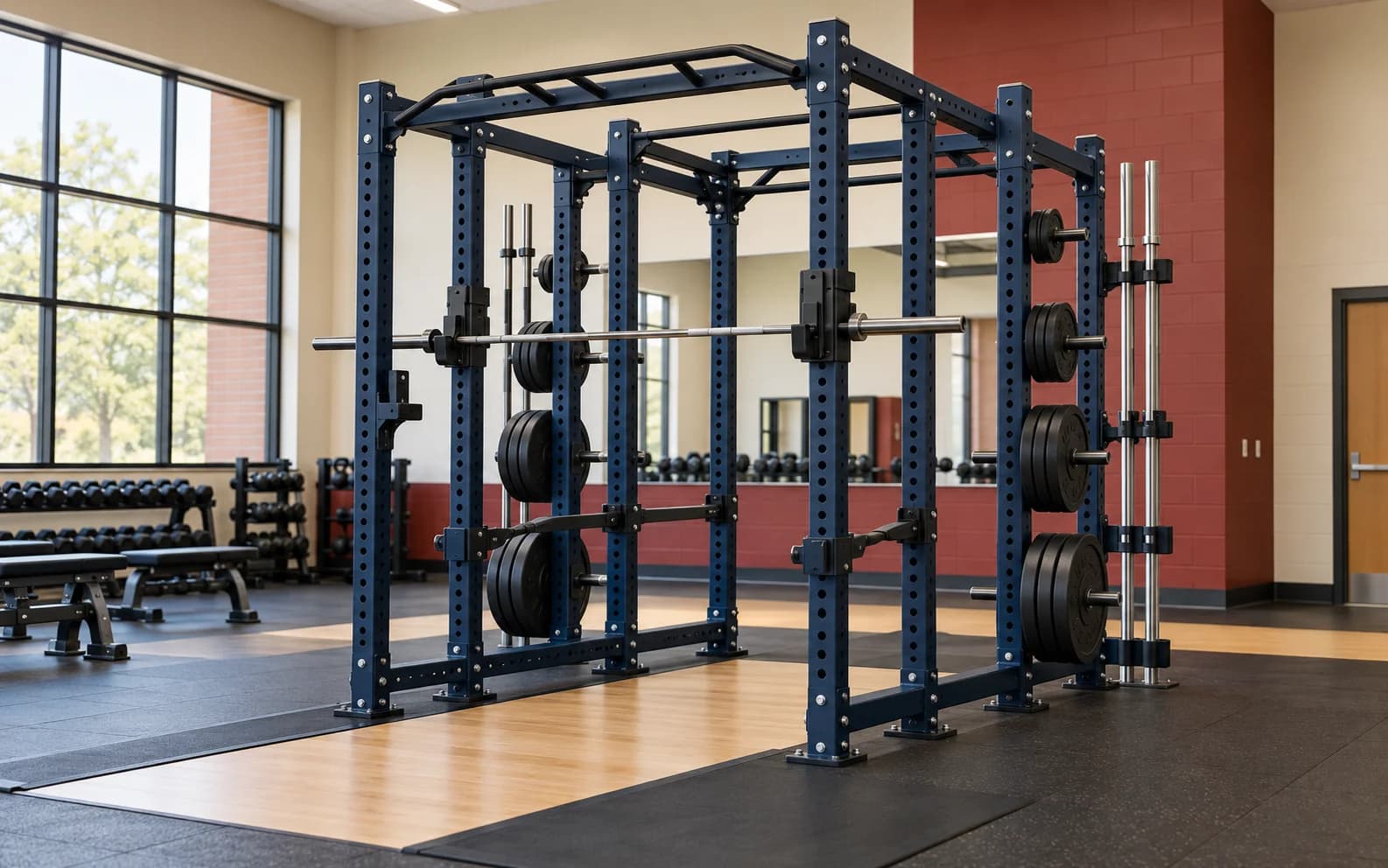 Navy six-post institutional weight training rack in a clean studio setting