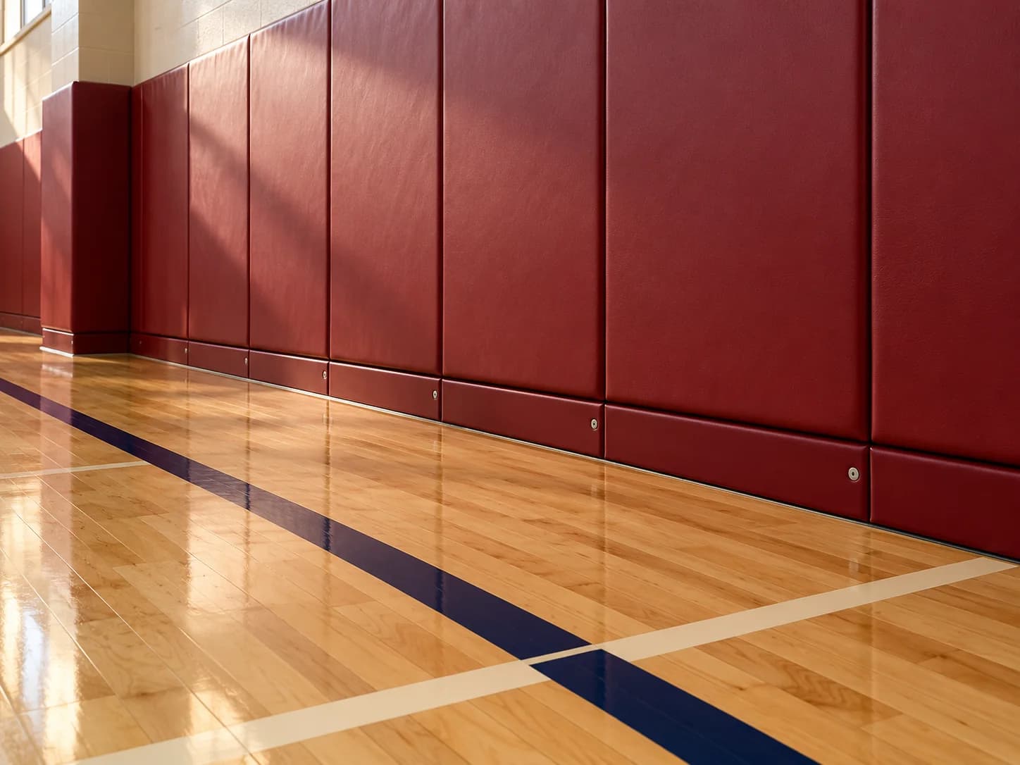 Brick-red wall padding meeting a maple gym floor with navy and cream court lines