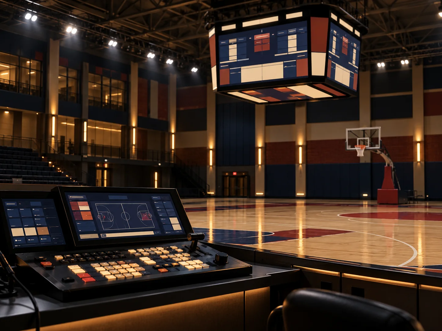 Arena scoreboard and courtside control console in an empty gym