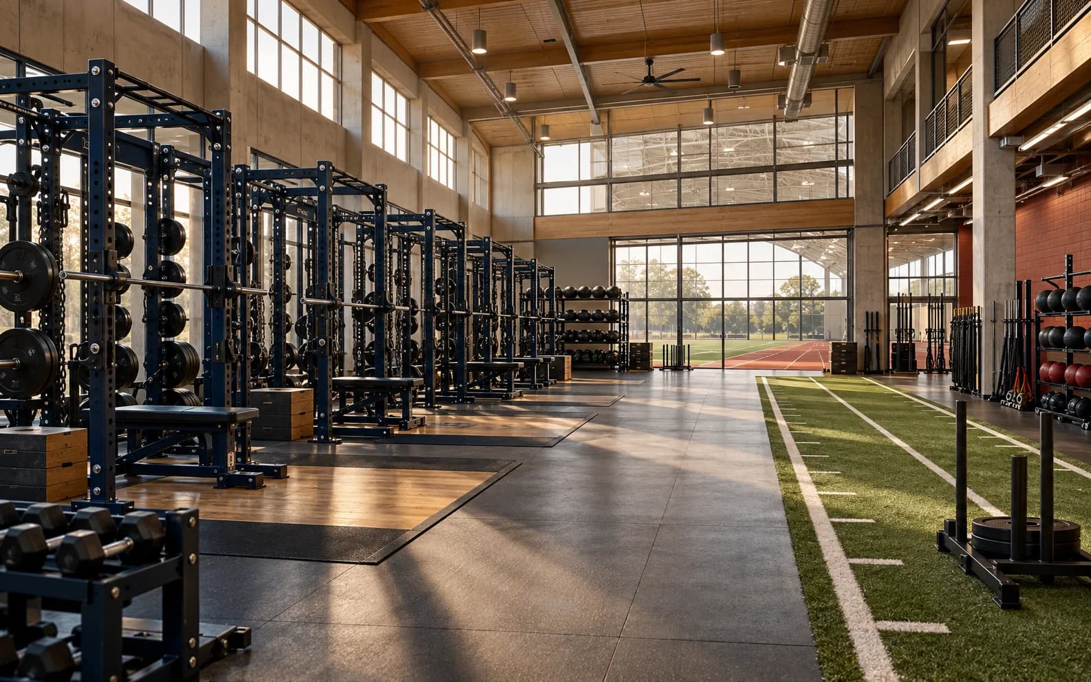 Strength room with navy racks, wood platforms, storage, and a short turf lane