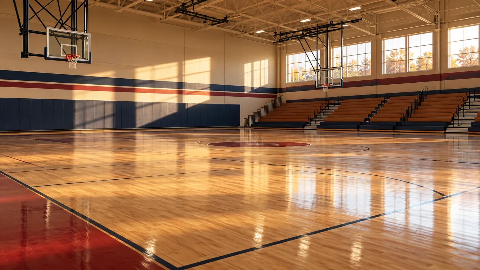 Warm, empty fieldhouse with basketball systems, padding, bleachers, and maple court